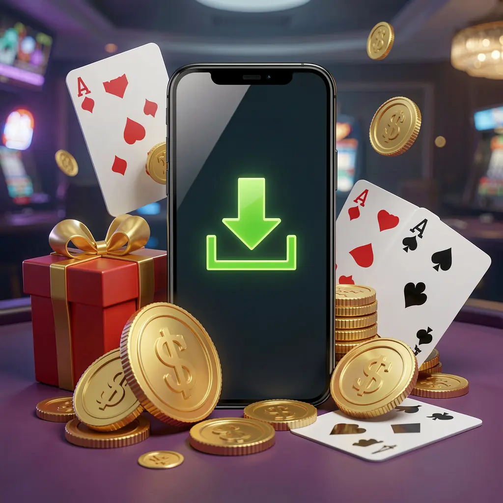NKJIL casino app download concept showing a smartphone with a download icon surrounded by golden coins, a gift box, and playing cards in a realistic 3D mobile gaming atmosphere