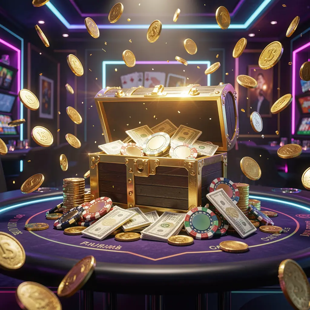 NKJIL premium online casino bonus hero banner featuring golden coins flying in the air and a glowing treasure chest full of chips and cash against a luxury dark background with neon accents, creating a festive and elegant casino atmosphere with high detail and cinematic lighting