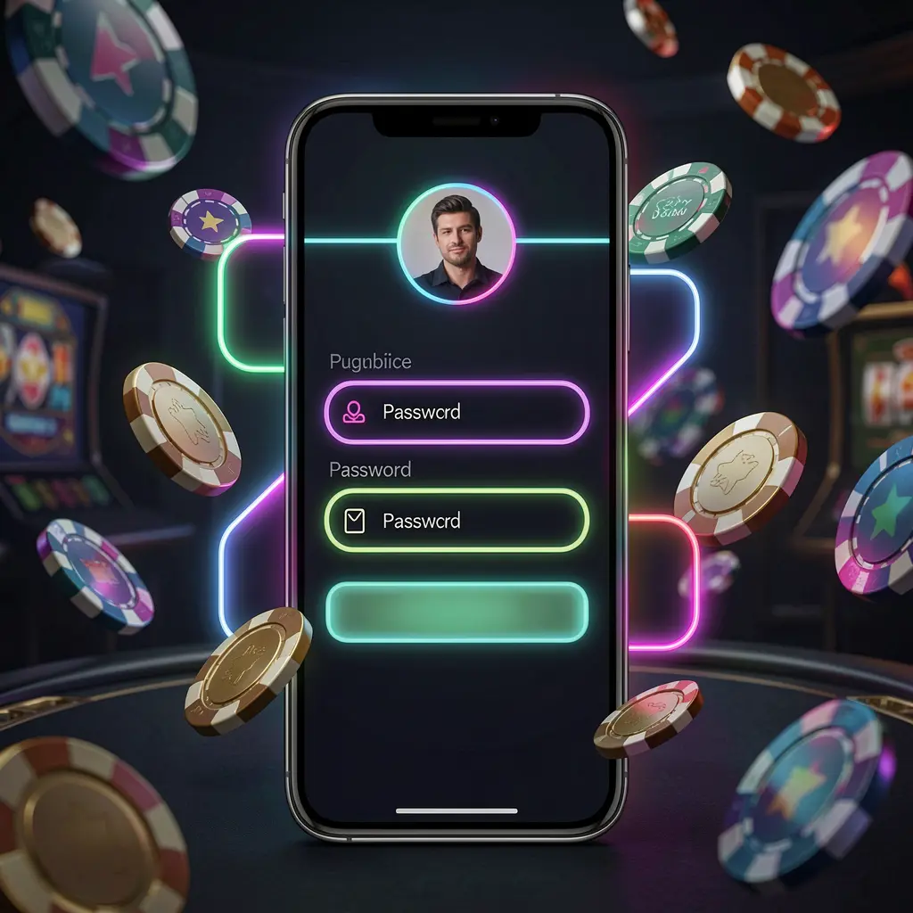 NKJIL mobile casino login screen with abstract UI shapes for user profile and password fields, neon glow, chips and coins flying around in a dark premium casino atmosphere