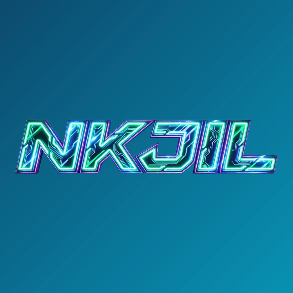 Futuristic neon logo for NKJIL with thick angular typography in vivid green, blue, and purple glow, featuring sharp tech-inspired details on a transparent background, designed as a wide horizontal rectangular wordmark for website headers.