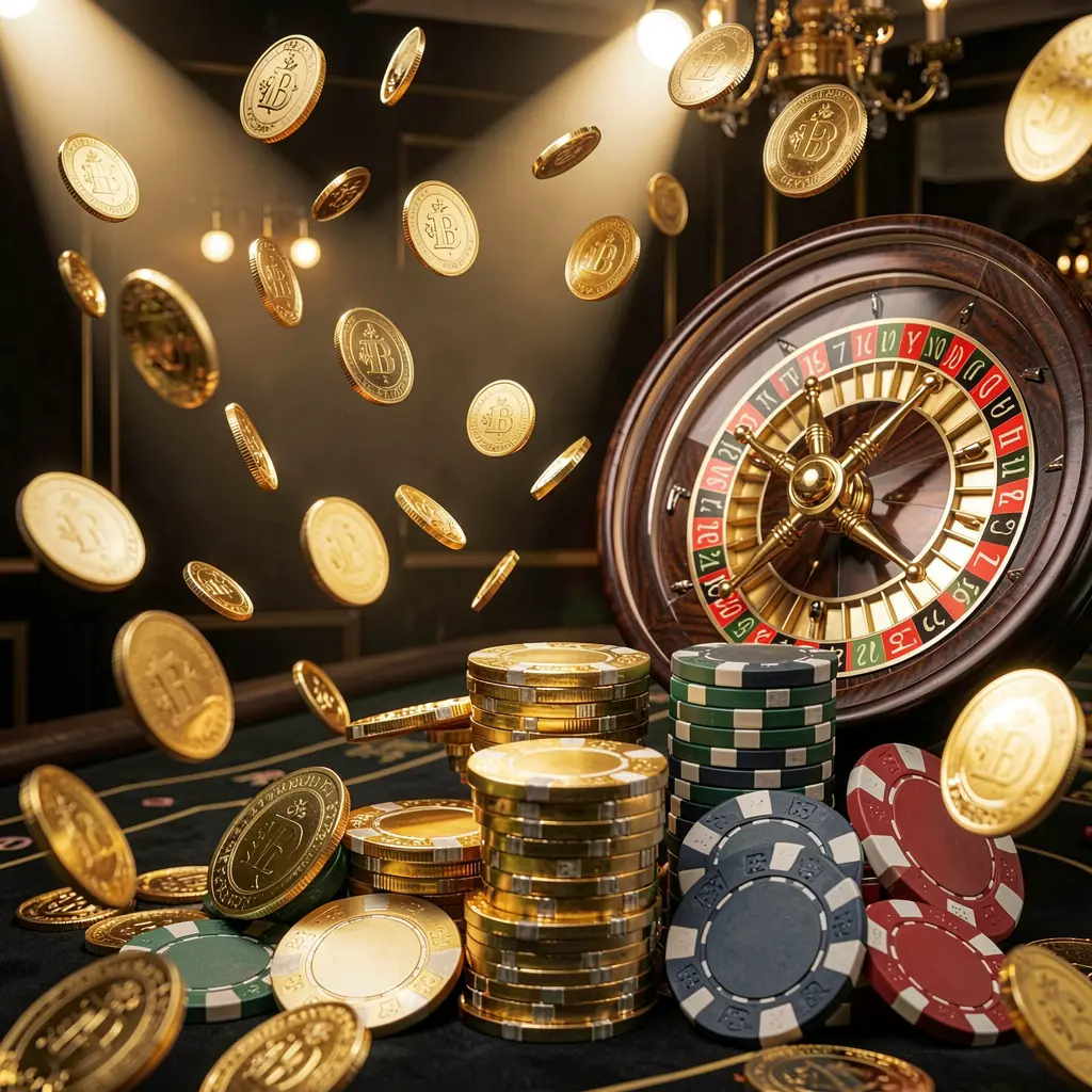 NKJIL online casino main page background featuring dramatic casino lights, golden coins flying, stacked poker chips in the foreground, and a roulette wheel behind in a luxury black and gold atmosphere